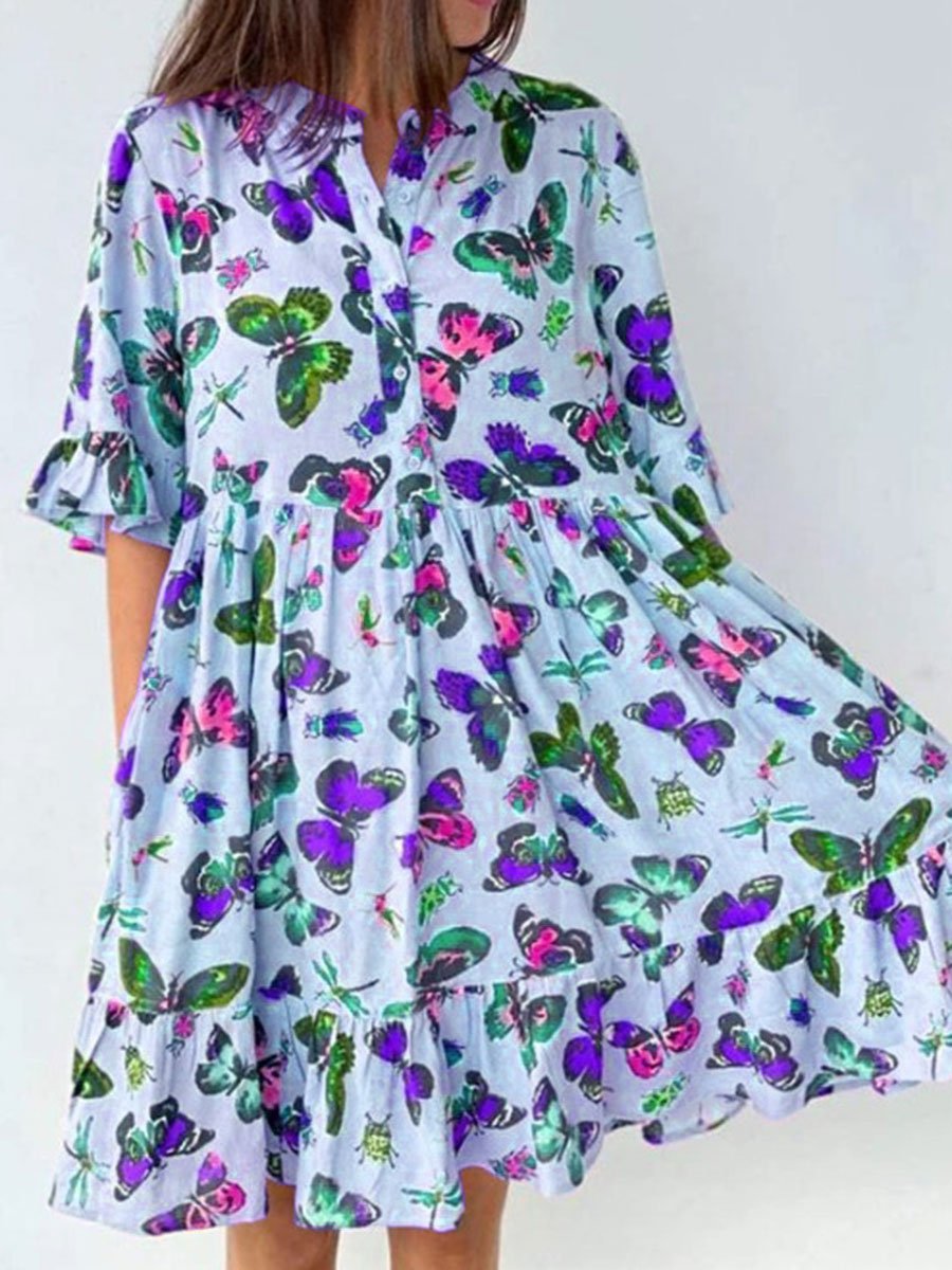 Holiday Round Neck Butterfly Print Dress