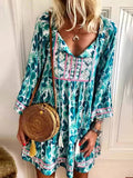 Bohemian V-neck High Waist Long Sleeve Printed Mini Dress