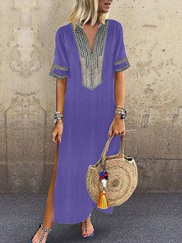 Ladies ethnic style V-neck casual loose dress