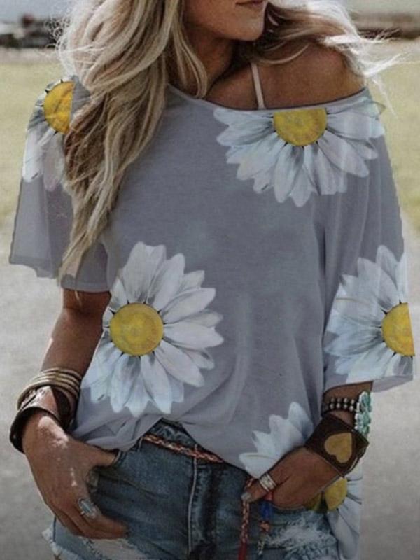 Women's loose daisy print short-sleeved T-shirt