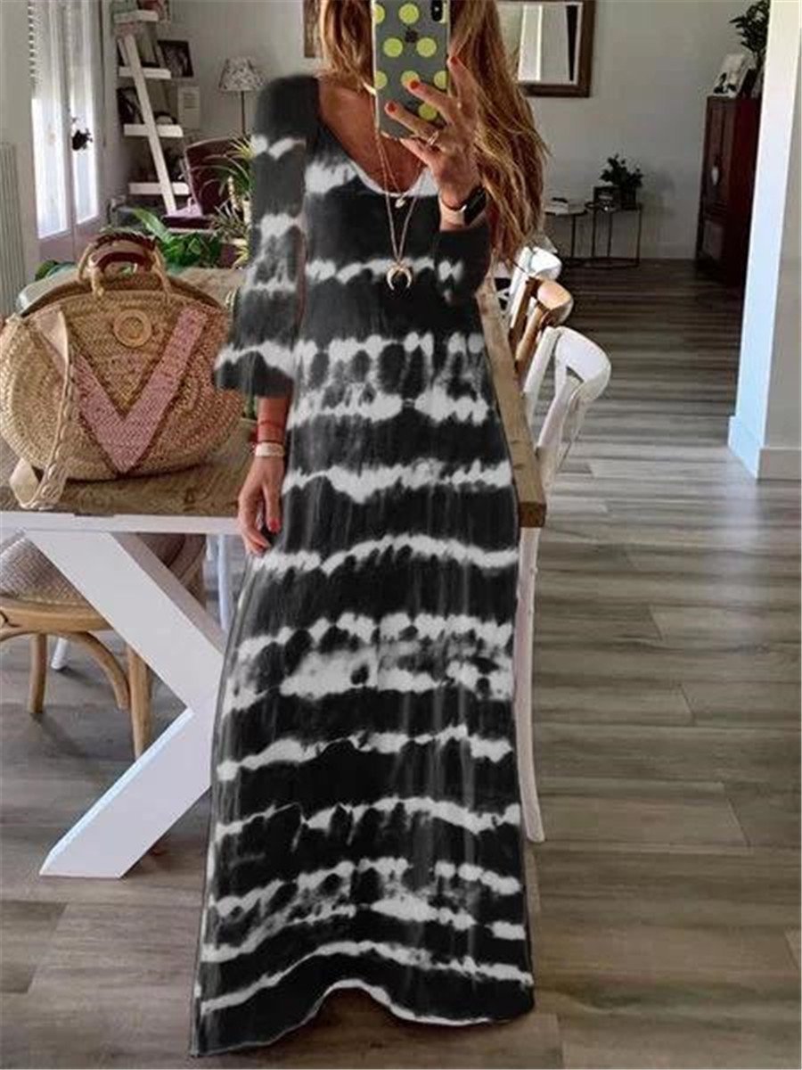 Casual Striped Print V Neck Maxi Dresses