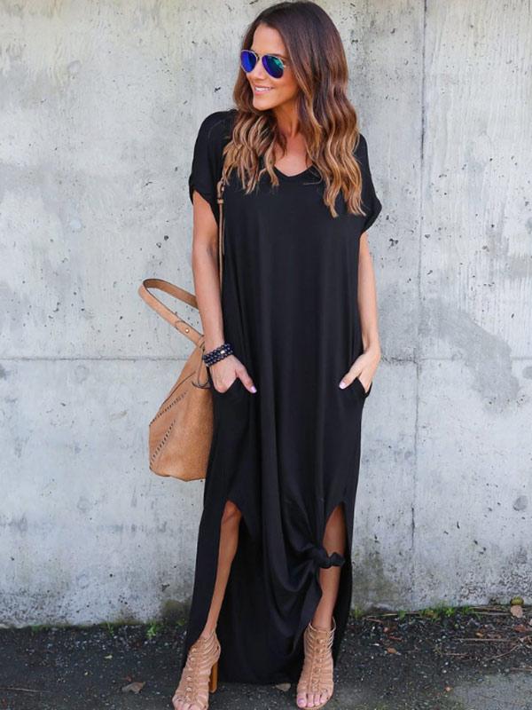 Women's V-neck Solid Color Pocket Split Dress