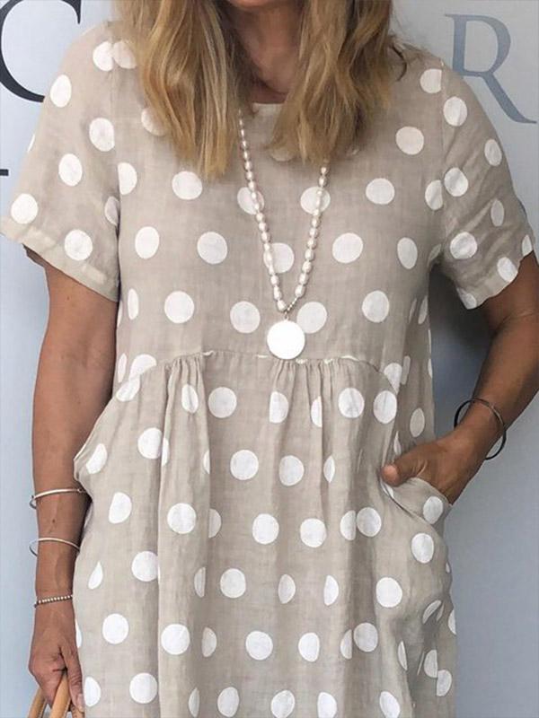 Women's Polka Dot Print Pocket Loose Short Sleeve Dress
