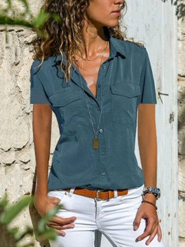 Women's lapel pocket short sleeve shirt