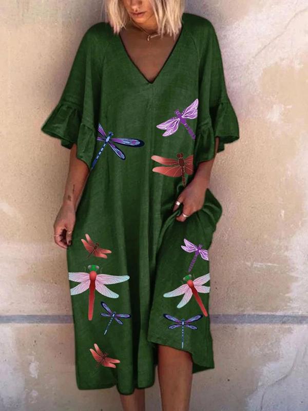 Multicolor Dragonfly Print Ruffled Sleeve Midi Dress