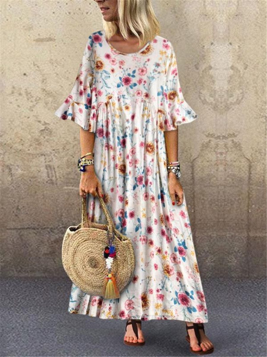 Fashion Casual Loose Print Flare Sleeve Dresses