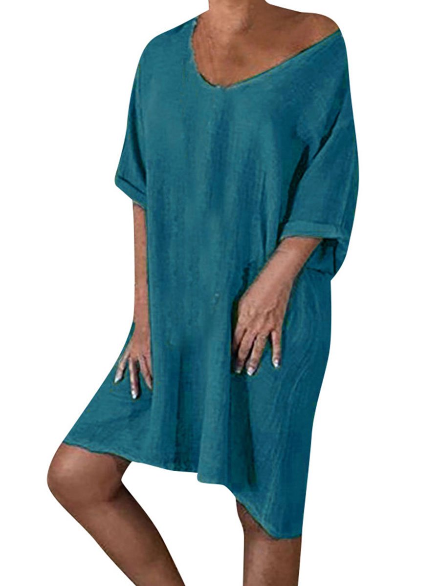 Casual Loose Skirt Solid Color Round Neck Mini Dress