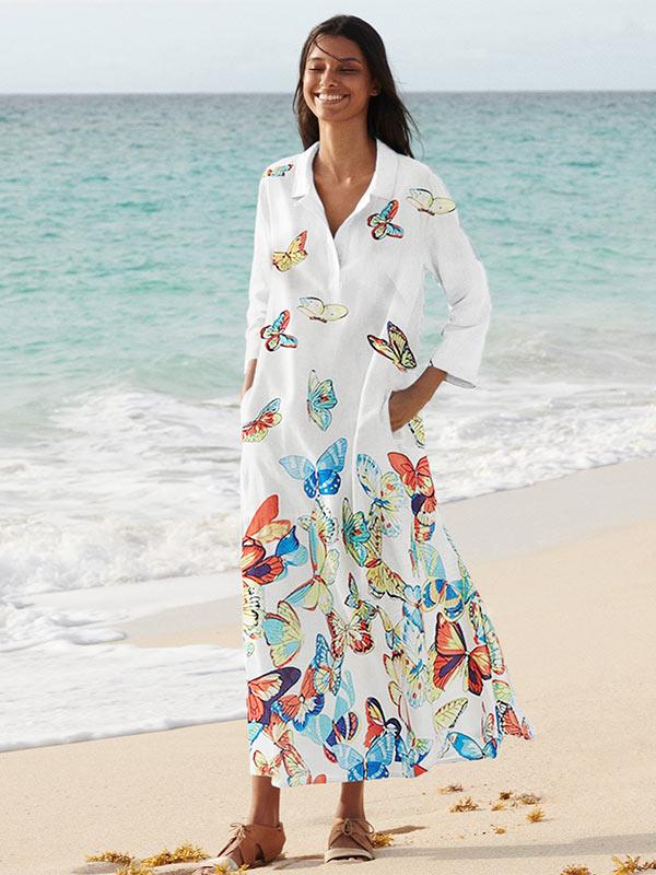 Women's Butterfly Print V-Neck Pocket Long Sleeve Dress