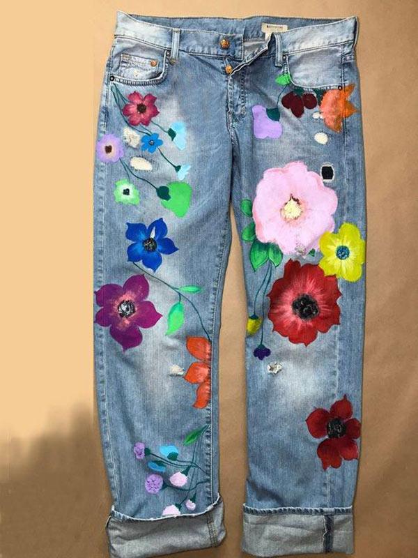 Women's Fashion Print Straight Jeans