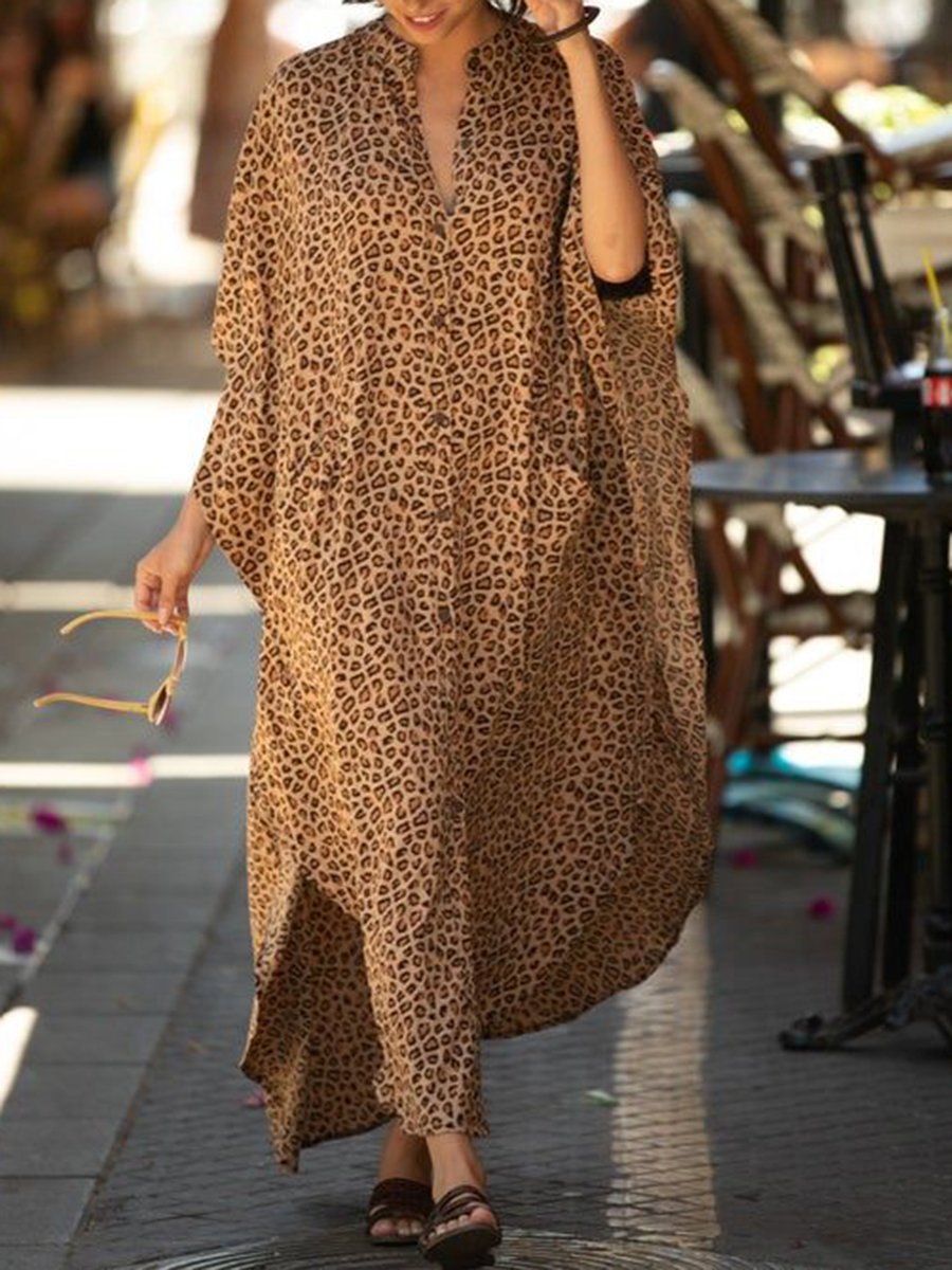 Fashionable Casual Loose Leopard V-neck Dress