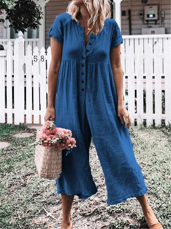 Button Down Short Sleeve Jumpsuit