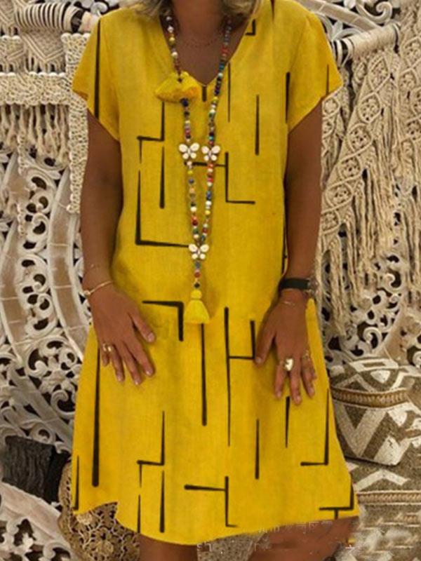 Women's loose cotton and linen printed V-neck dress