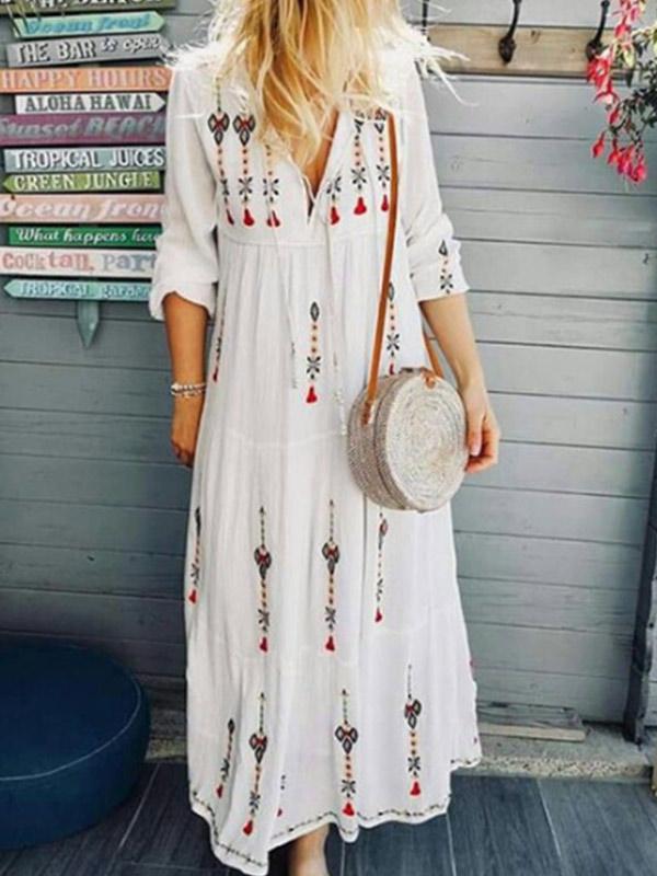 Women's fashion print drawstring cotton and linen long-sleeved dress