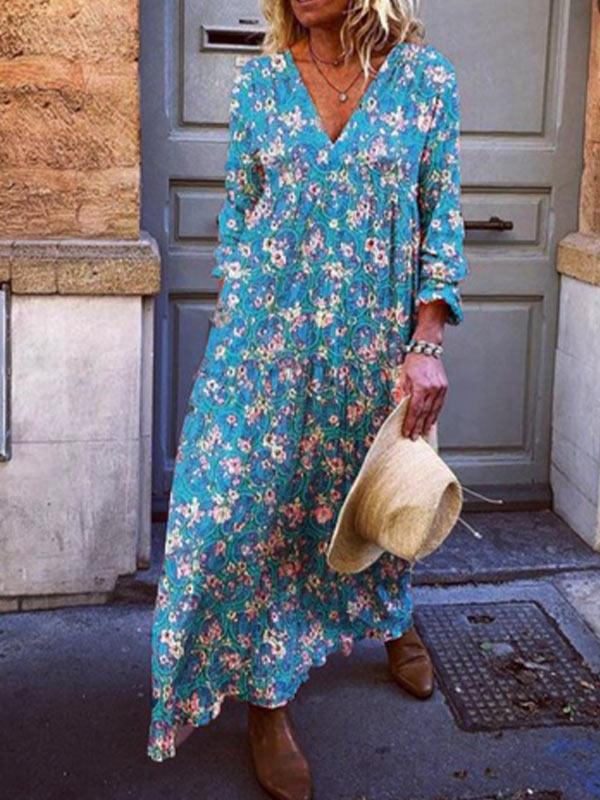 Women's V-neck loose print 3/4 sleeve dress