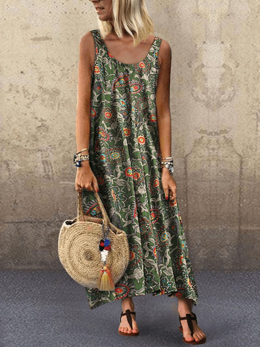 Women Bohemian Loose Sleeveless Dress for Vacation