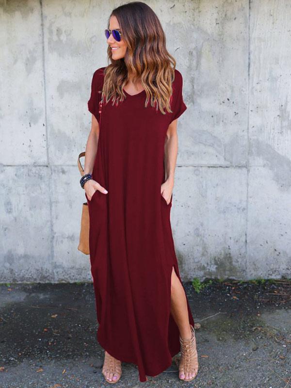 Women's V-neck Solid Color Pocket Split Dress