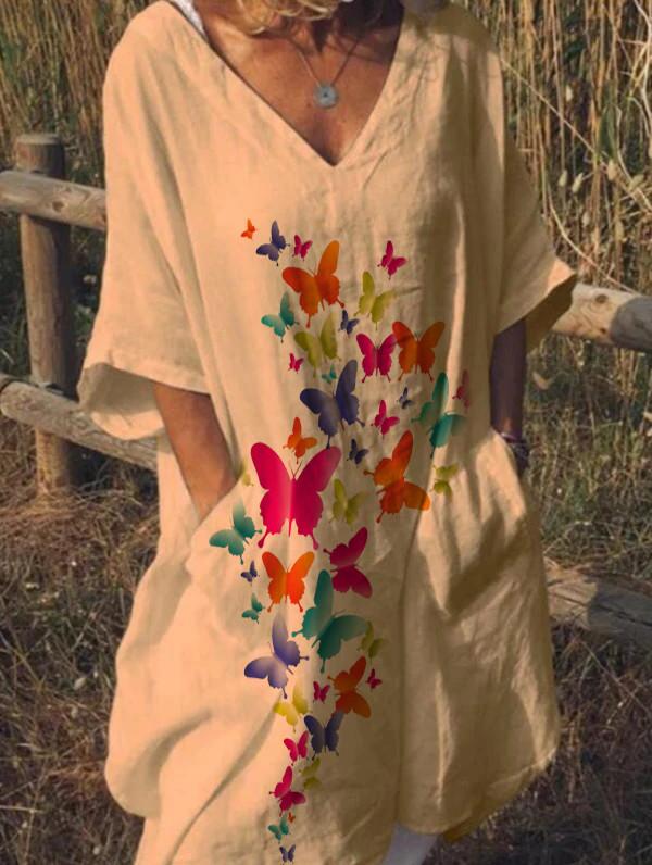 Women's cotton and linen V-neck butterfly print pocket dress