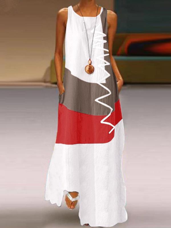 Women's cotton and linen sleeveless colorblock dress