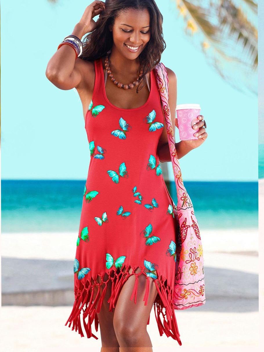 Butterfly Print Tassel Beach Dress