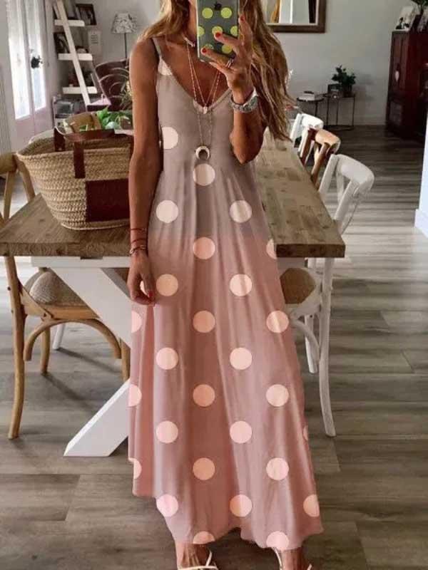 Polka dot print dress suspender maxi