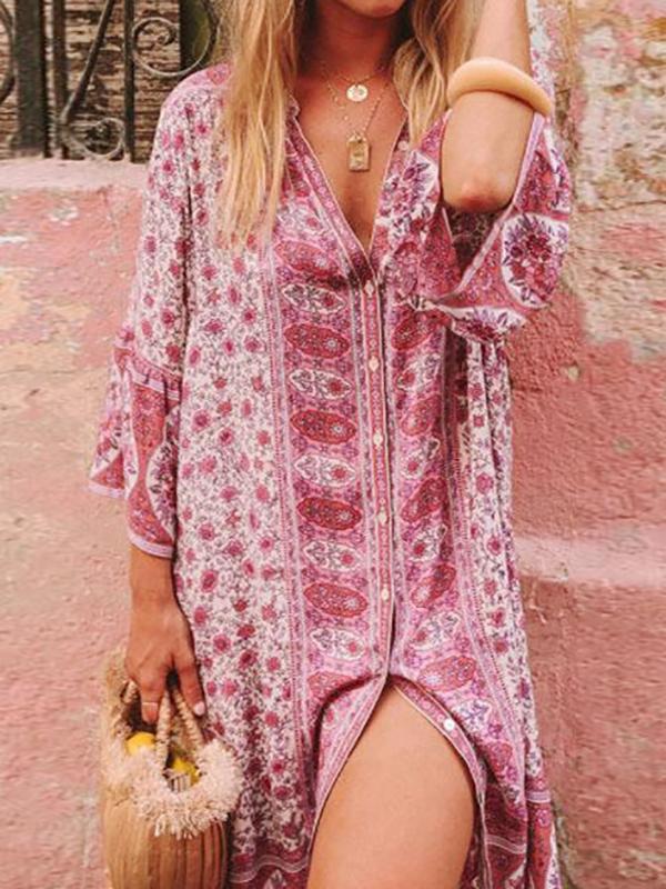 Retro Boho Print Button Down Mini Dress