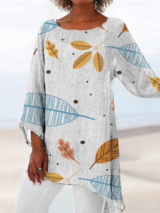 Leaf Print Asymmetrical Hem Tunic Shirt