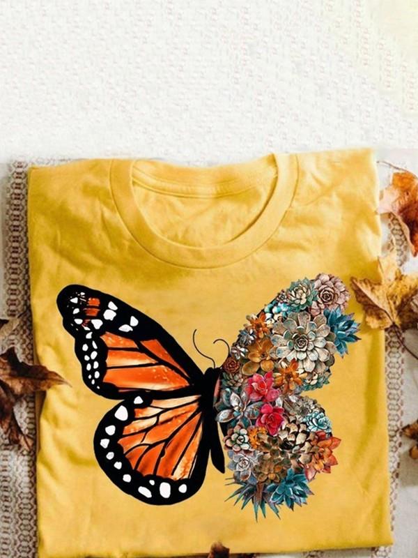 Butterfly flower print short sleeve t-shirt