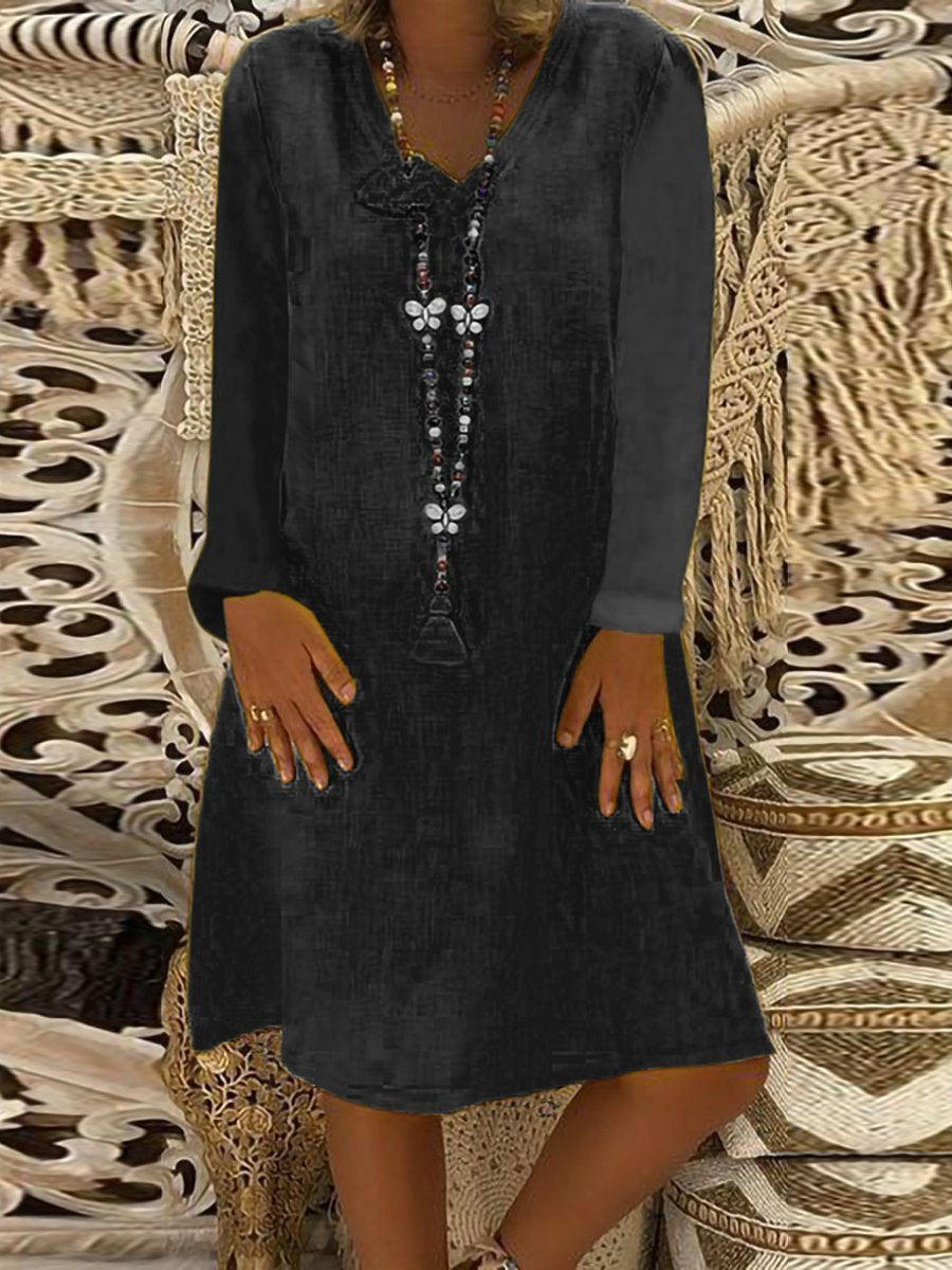 Loose Casual V-Neck Long Sleeve Dress