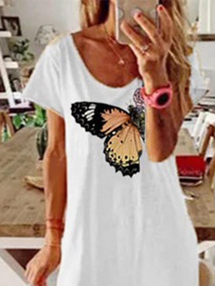 Solid Color Butterfly Print Round Neck Dress