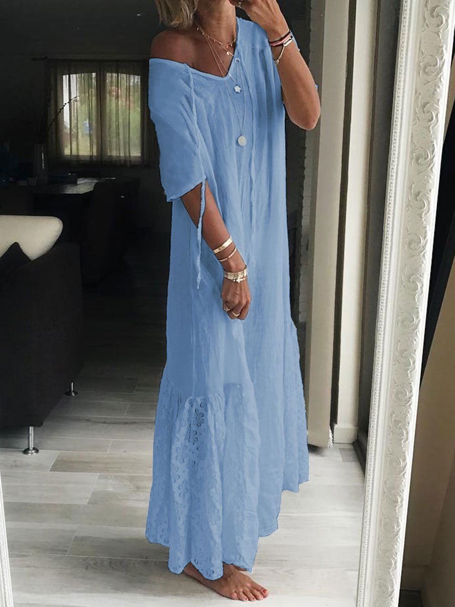 Solid Color Short Sleeve V-Neck Dress